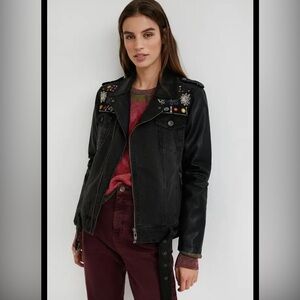 NWT Desigual Denim Embroidered Black Jacket with vegan leather accents